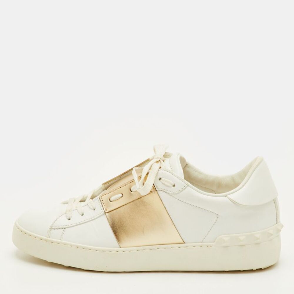 Valentino Rockstud Size 39.5 White/gold Leather Low Top Sneakers